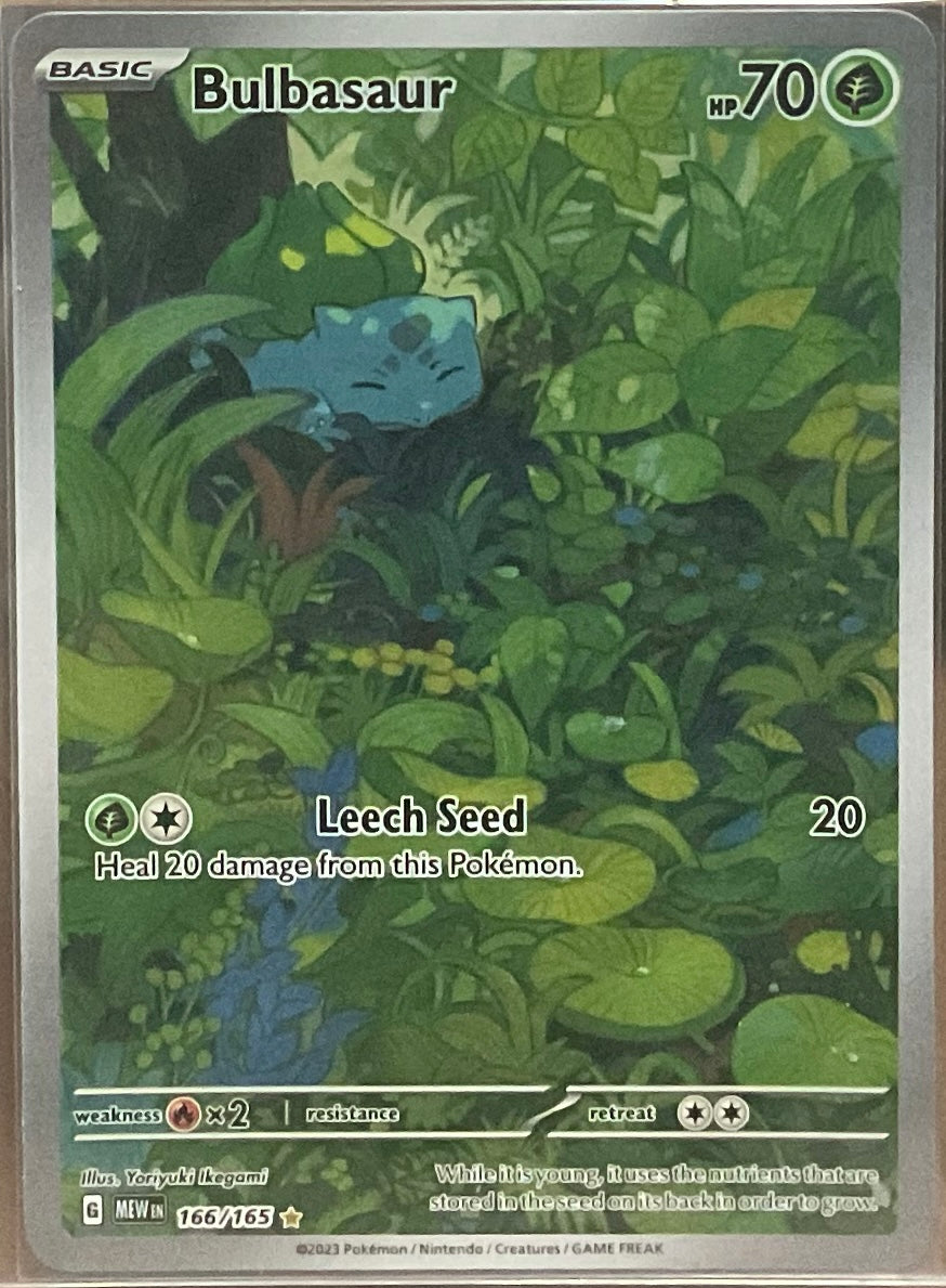 Pokémon trading card featuring Bulbasaur with a leech seed ability.