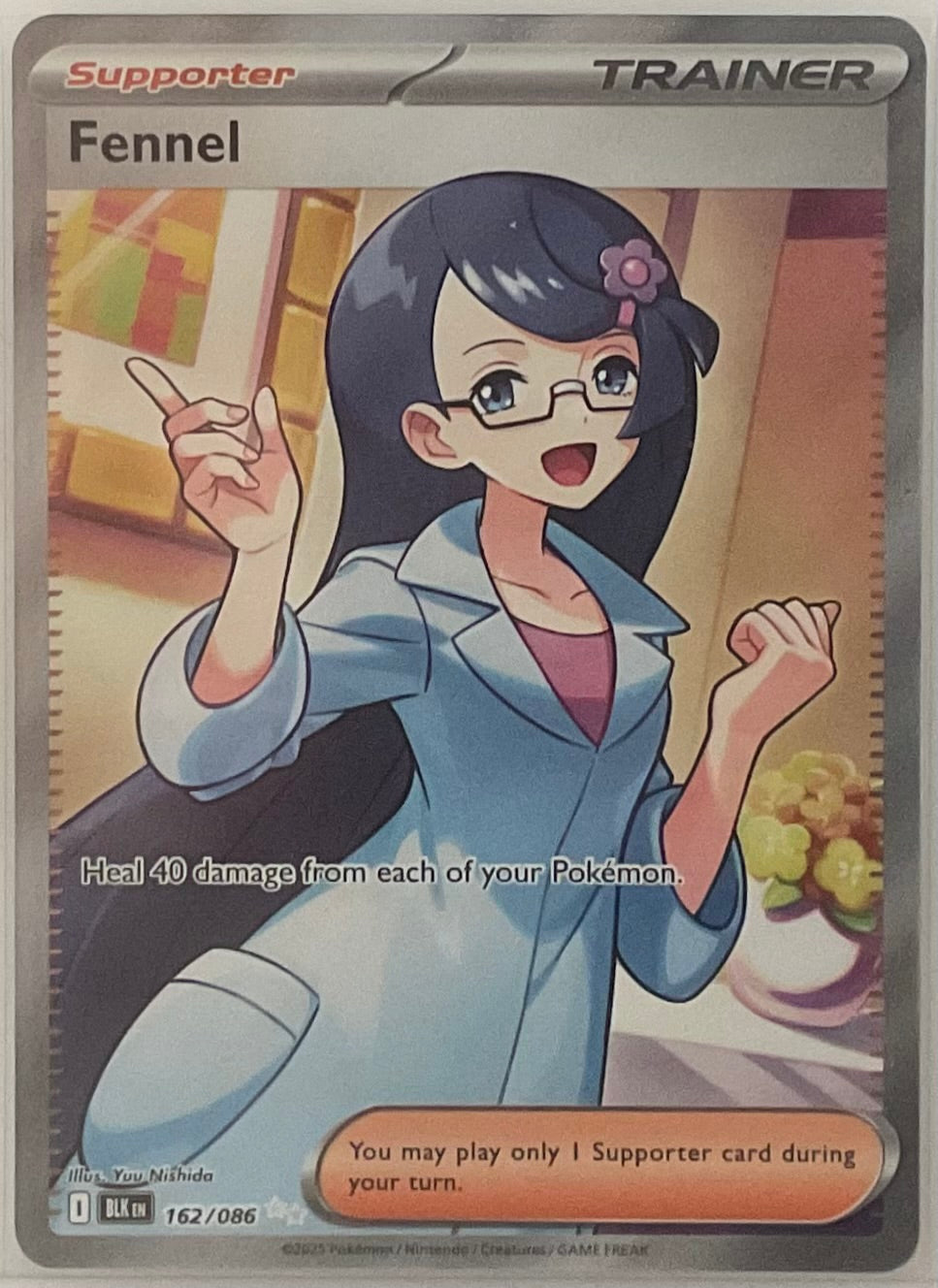 Trading card featuring a character with glasses and a flower in her hair, with text and graphics on the border.