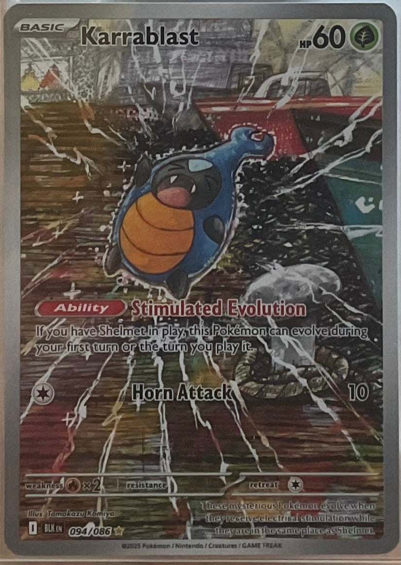 Pokémon trading card featuring Karrablast with detailed artwork and text.