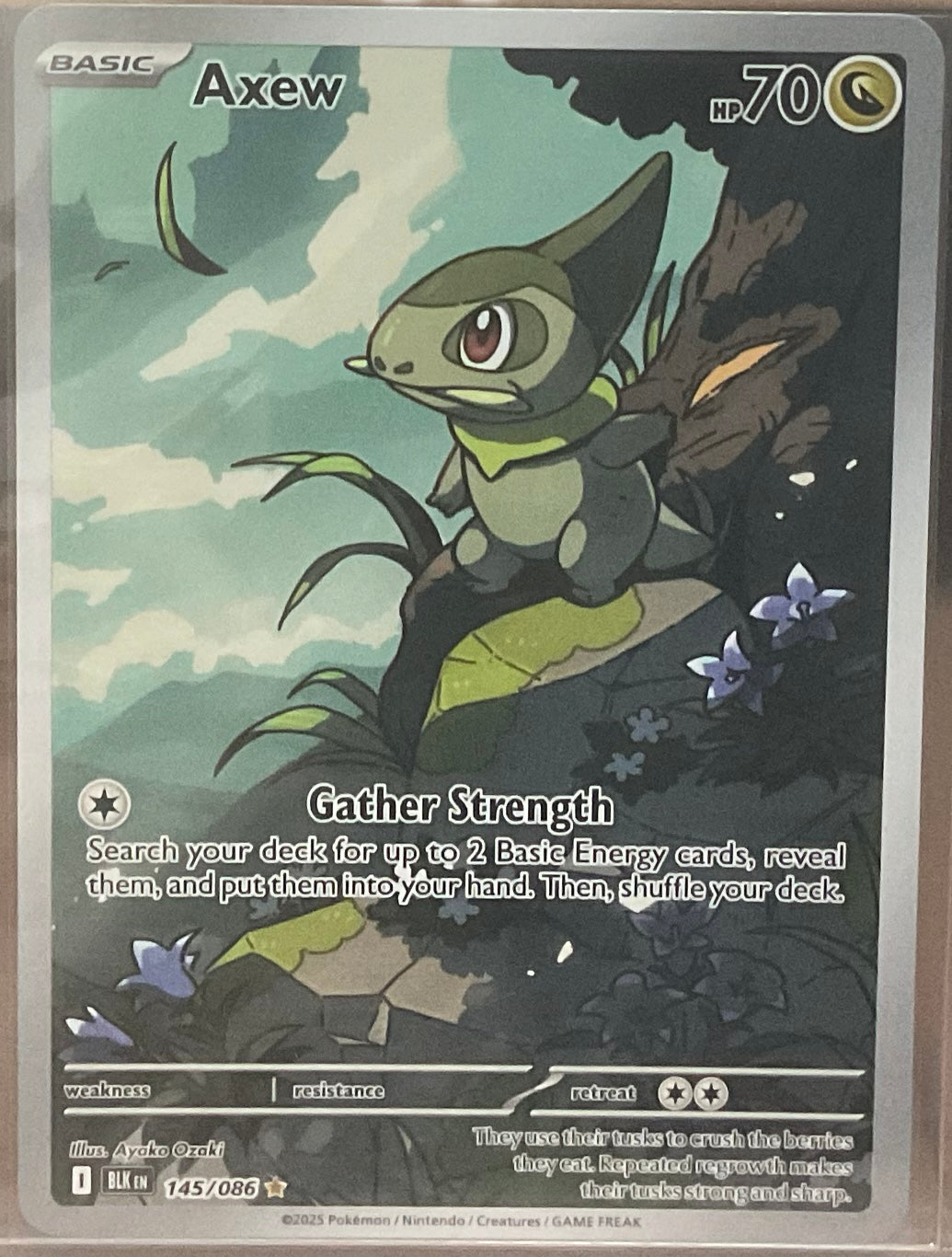 Pokémon trading card featuring Axew with a nature-themed background