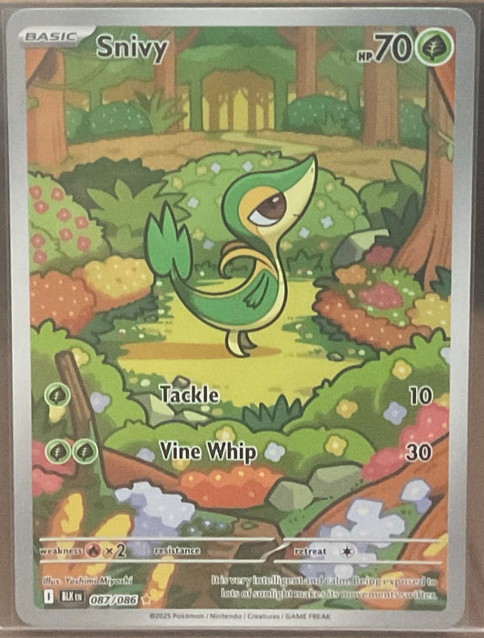 Pokémon trading card featuring Snivy in a forest setting