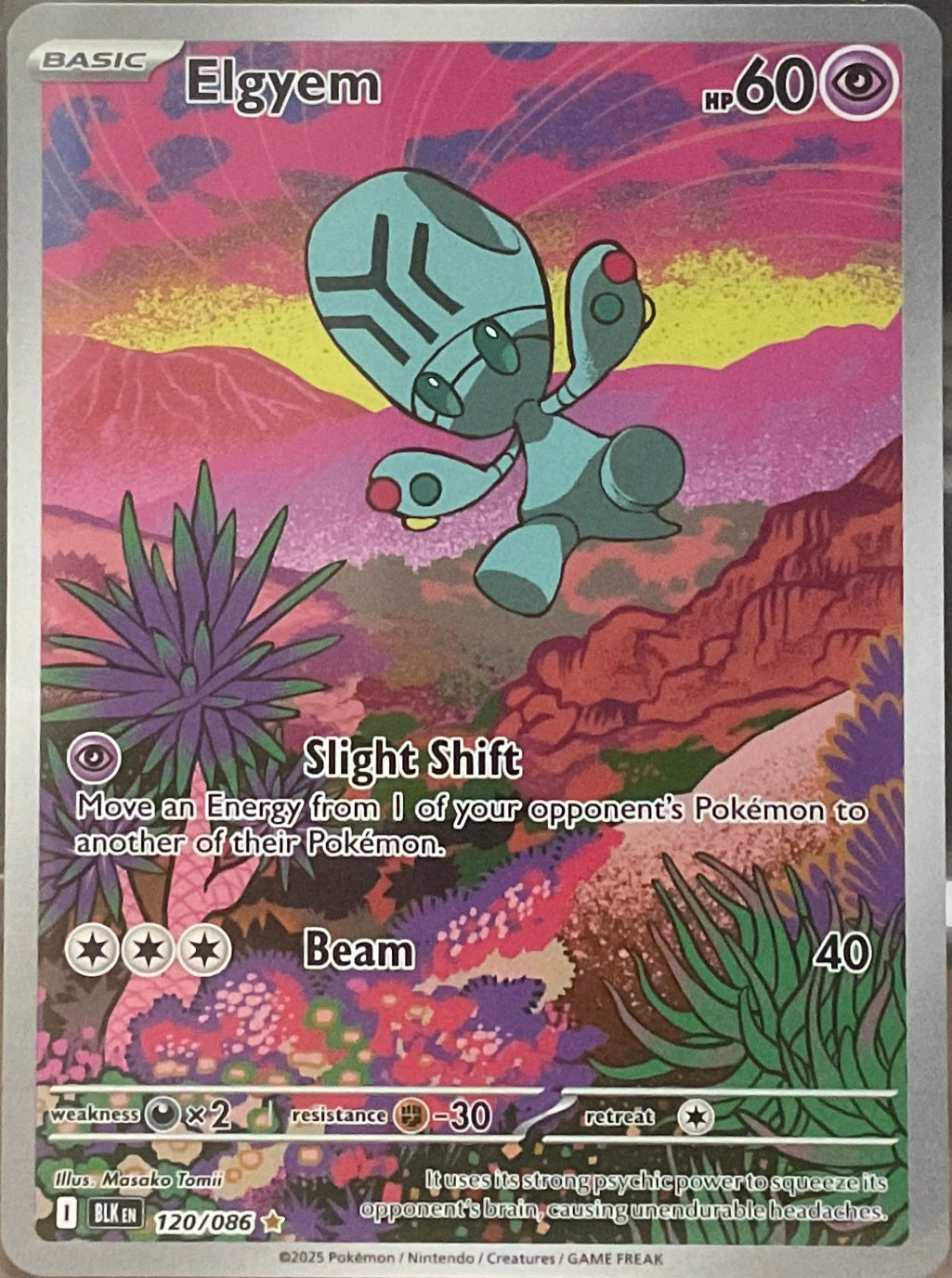 Pokémon trading card featuring Elgyem with a colorful landscape background