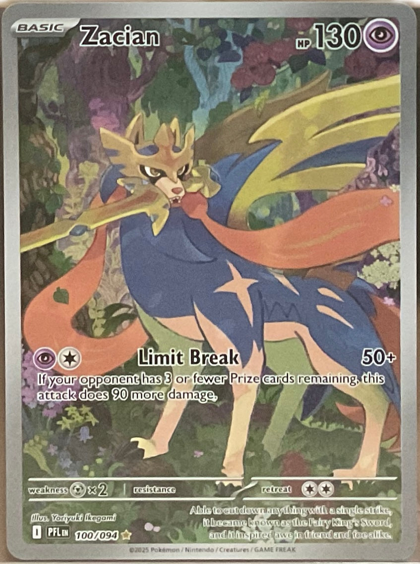 Pokémon trading card featuring Zacian with detailed artwork and text.