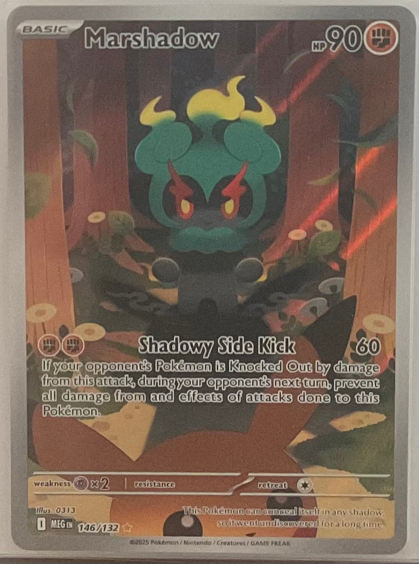 Pokémon trading card featuring Marshadow with forest background