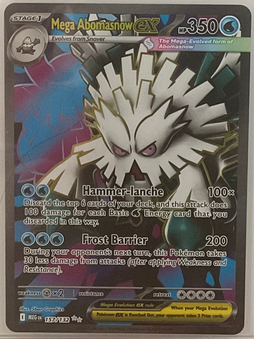 Mega Abomasnow EX Pokémon trading card with detailed artwork and text.