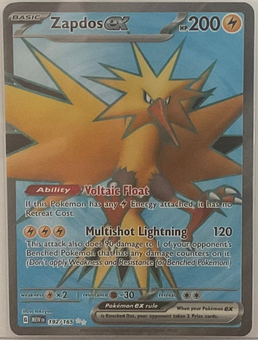 Pokémon trading card featuring Zapdos EX with detailed artwork and text.