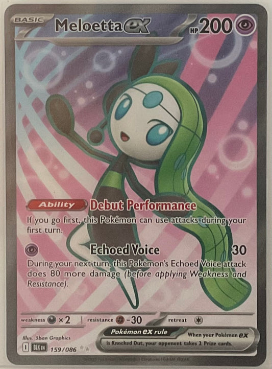 Pokémon trading card featuring Meloetta EX with pink and purple background
