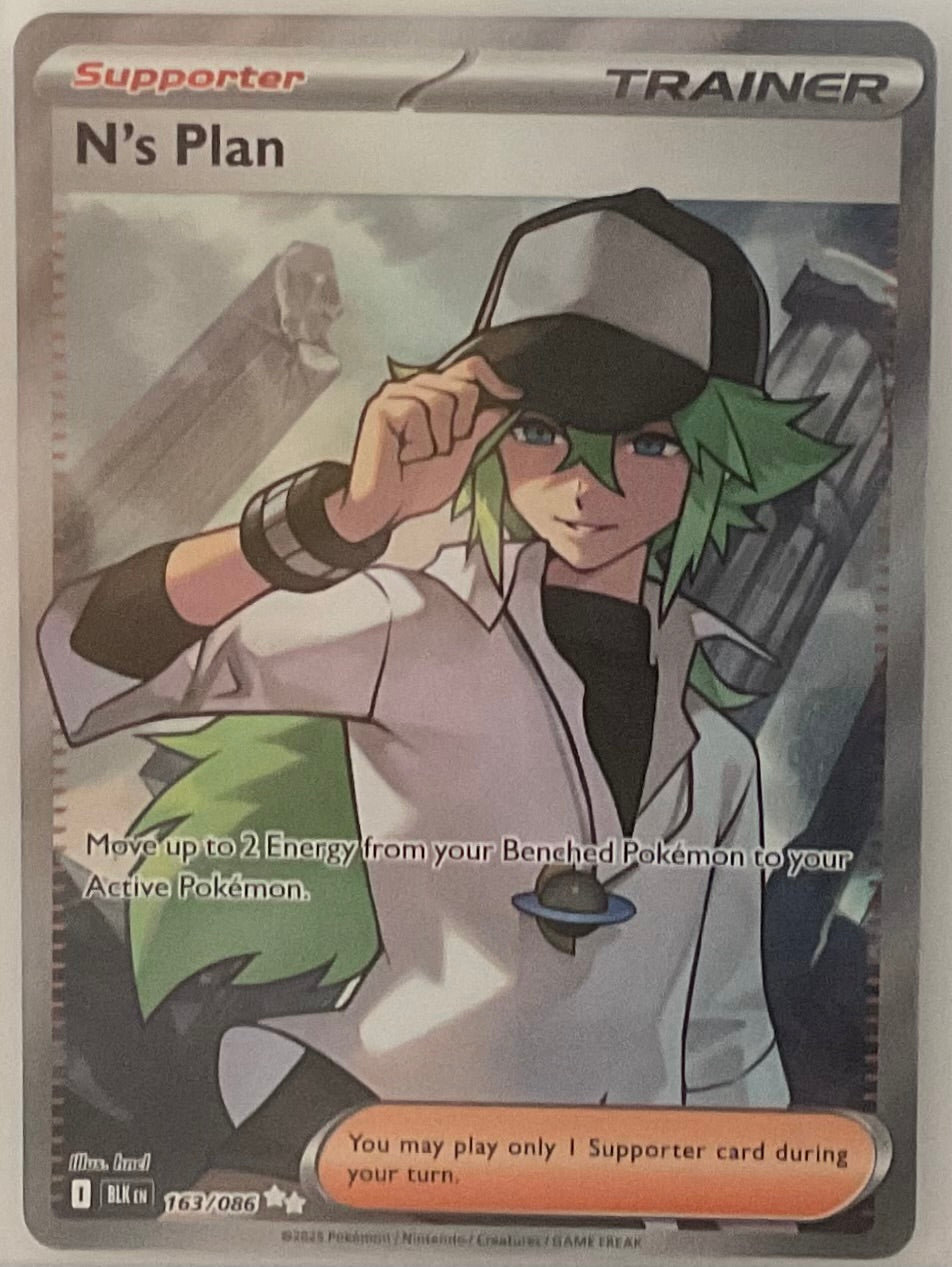 Trading card featuring a character with green hair and a cap, labeled 'N's Plan', with text and graphics on the card.