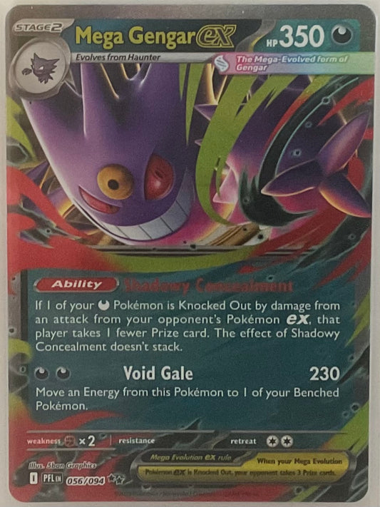 Mega Gengar EX trading card with detailed artwork and text.
