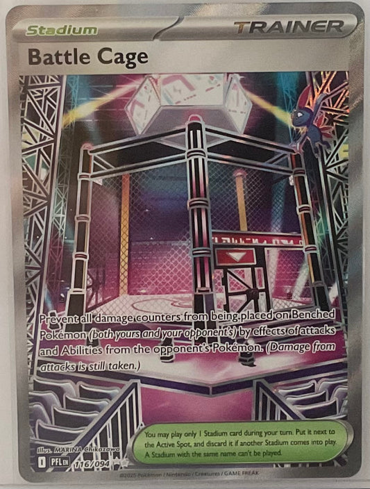 Pokémon trading card featuring a 'Battle Cage' trainer with detailed graphics and text.