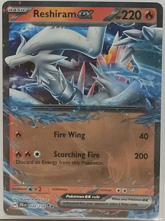 Pokémon trading card featuring Reshiram EX with detailed artwork and text.