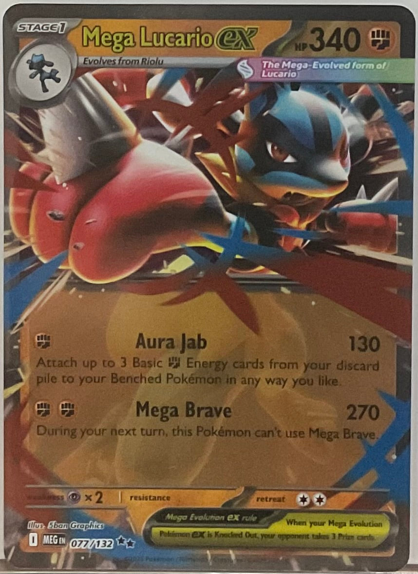 Mega Lucario EX trading card with detailed artwork and text