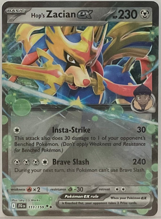 Pokémon trading card featuring Hop's Zacian EX with detailed artwork and text.