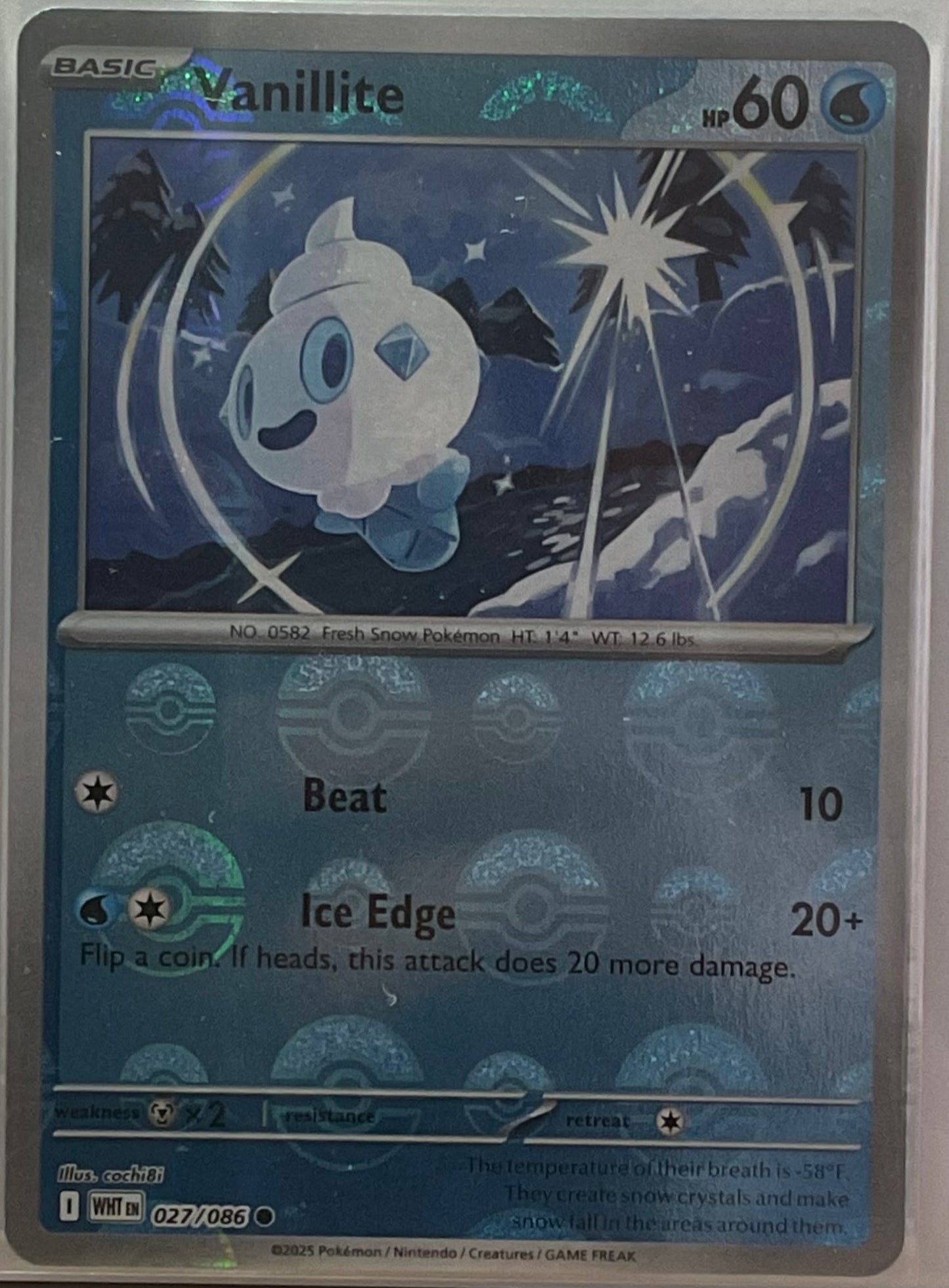 Vanillite card from a trading card game with a ghost-like creature illustration on a blue background.